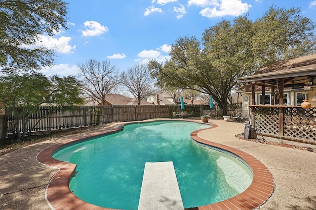 view of pool featuring a patio area, a fenced backyard, and a diving board