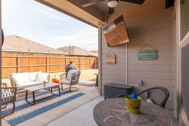 view of patio with a fenced backyard, ceiling fan, central AC, and an outdoor hangout area