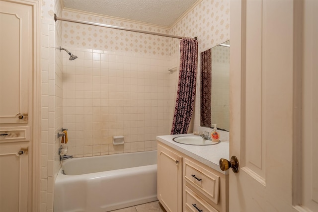 full bathroom with wallpapered walls, shower / bath combo, a textured ceiling, vanity, and tile patterned floors