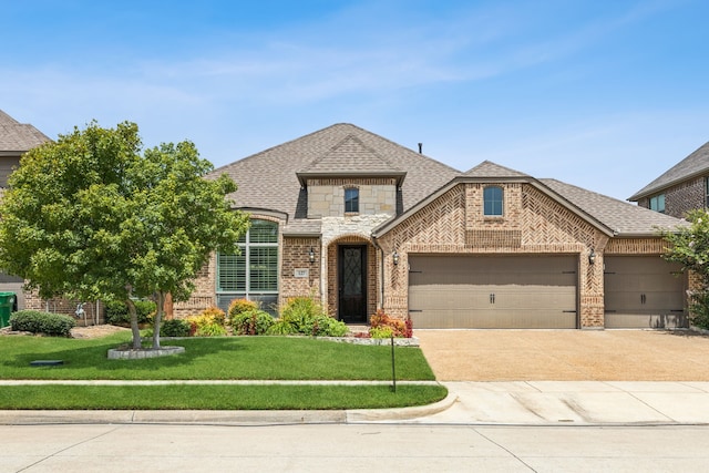 french provincial home with a garage, concrete driveway, roof with shingles, a front lawn, and brick siding