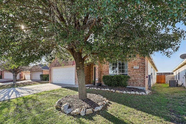 obstructed view of property with central AC unit, a garage, brick siding, concrete driveway, and a front lawn