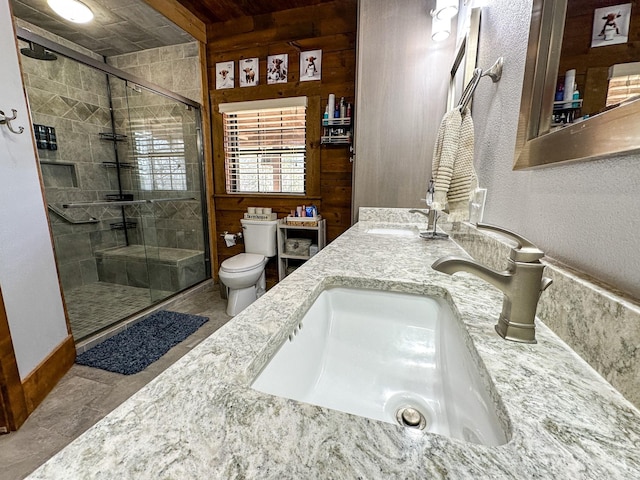 bathroom with toilet, a stall shower, double vanity, and a sink