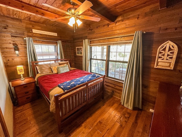 bedroom with beamed ceiling, wood walls, wooden ceiling, and wood-type flooring