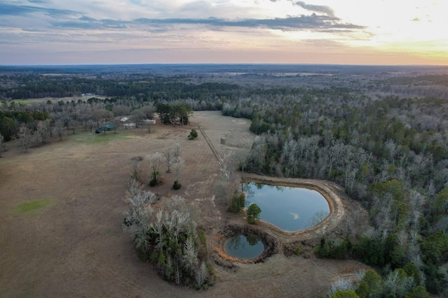 aerial view at dusk with a water view and a forest view