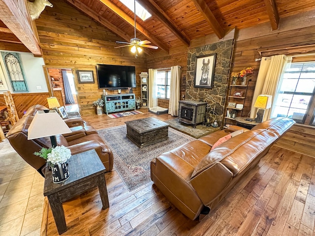 living area featuring wood ceiling, wood walls, beamed ceiling, and hardwood / wood-style flooring