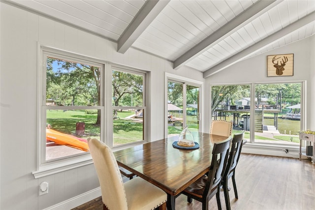 sunroom featuring vaulted ceiling with beams, wood ceiling, and a healthy amount of sunlight