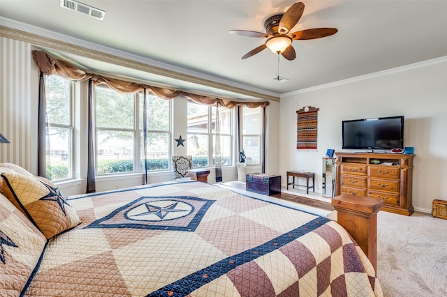 8912 Landmark Ln, Denton, TX 76207 - bedroom featuring crown molding, baseboards, light carpet, and ceiling fan