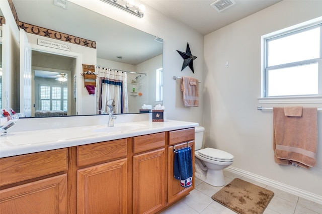 full bath with tile patterned flooring, visible vents, curtained shower, toilet, and vanity