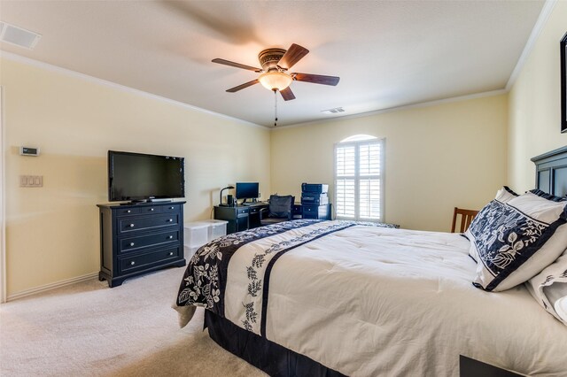 bedroom featuring light carpet, visible vents, a ceiling fan, and ornamental molding