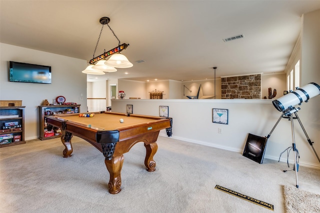 recreation room featuring pool table, carpet flooring, baseboards, and visible vents