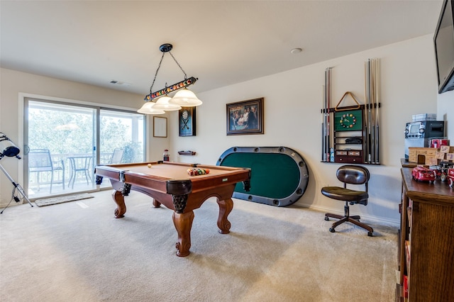 playroom featuring visible vents, pool table, baseboards, and carpet