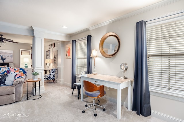 162 Captain Hm Shreve, Shreveport, LA 71115 - office space featuring decorative columns, ornamental molding, light colored carpet, baseboards, and a ceiling fan