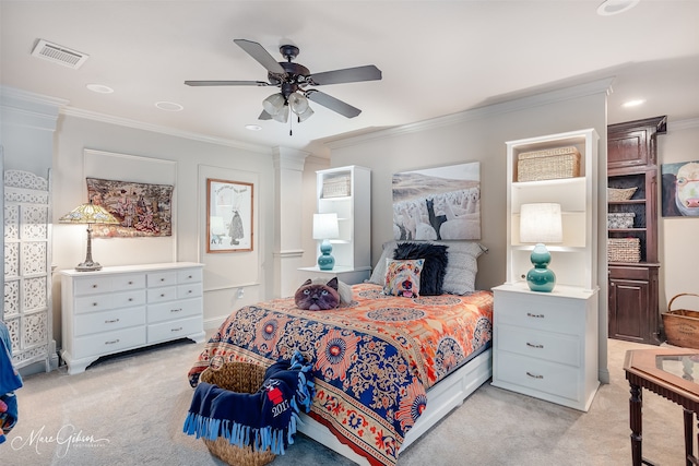 162 Captain Hm Shreve, Shreveport, LA 71115 - bedroom featuring light carpet, crown molding, recessed lighting, and a ceiling fan