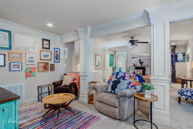 162 Captain Hm Shreve, Shreveport, LA 71115 - living area featuring decorative columns, light colored carpet, crown molding, ceiling fan, and recessed lighting