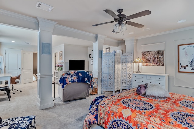 162 Captain Hm Shreve, Shreveport, LA 71115 - bedroom with decorative columns, ornamental molding, light carpet, recessed lighting, and a ceiling fan