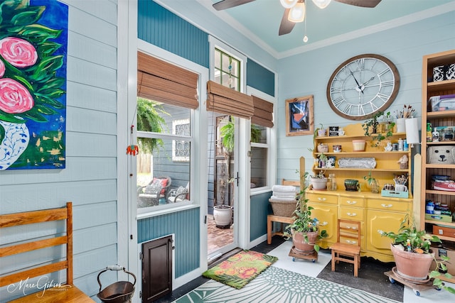 162 Captain Hm Shreve, Shreveport, LA 71115 - doorway to outside with ornamental molding and a ceiling fan