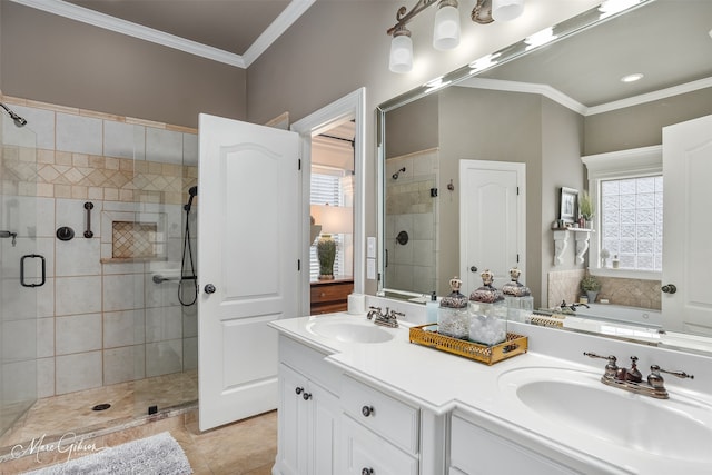 162 Captain Hm Shreve, Shreveport, LA 71115 - full bathroom featuring a stall shower, ornamental molding, double vanity, and a garden tub