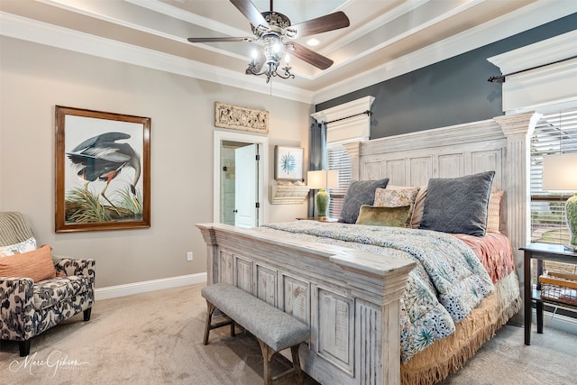 162 Captain Hm Shreve, Shreveport, LA 71115 - bedroom with carpet flooring, ornamental molding, baseboards, a raised ceiling, and a ceiling fan