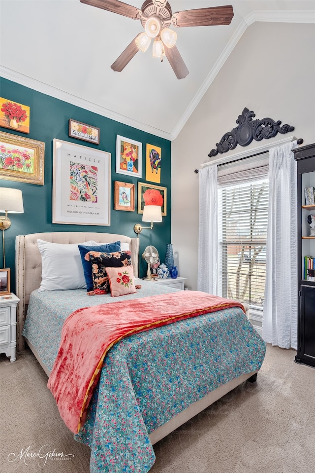 162 Captain Hm Shreve, Shreveport, LA 71115 - bedroom featuring carpet floors, vaulted ceiling, crown molding, and ceiling fan