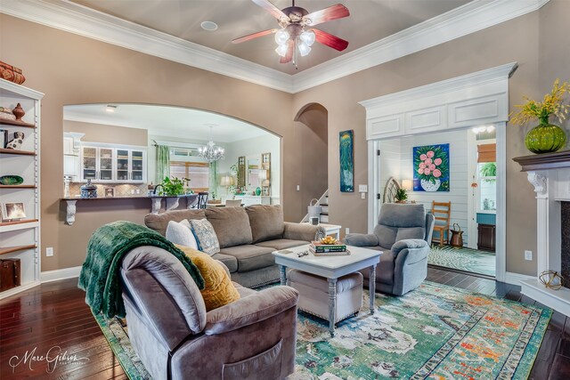 162 Captain Hm Shreve, Shreveport, LA 71115 - living area featuring arched walkways, hardwood / wood-style floors, crown molding, a ceiling fan, and stairs