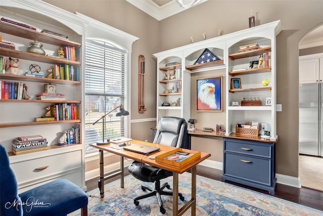 162 Captain Hm Shreve, Shreveport, LA 71115 - office featuring crown molding, baseboards, dark wood-type flooring, and arched walkways