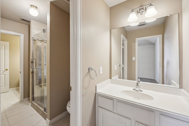 bathroom with a stall shower, visible vents, toilet, tile patterned floors, and vanity