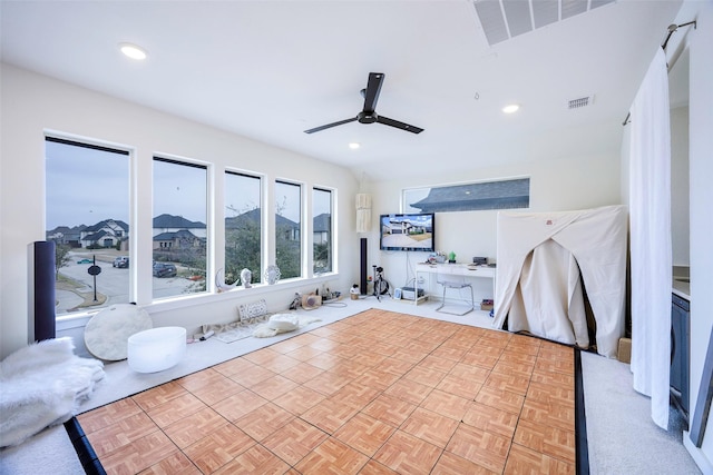 interior space featuring visible vents, recessed lighting, and ceiling fan