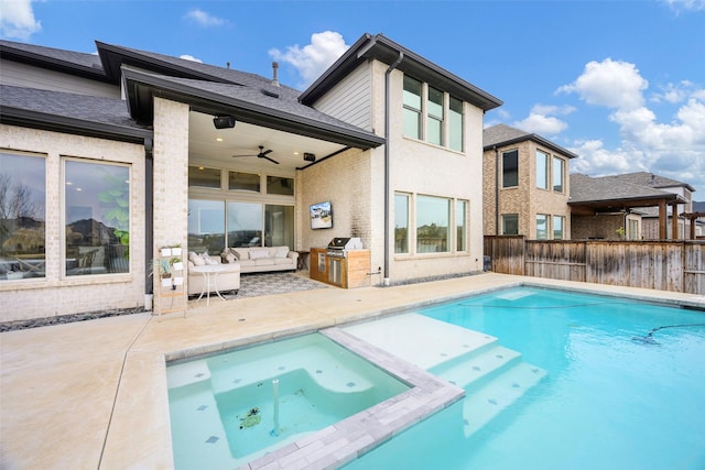 view of pool featuring area for grilling, a ceiling fan, fence, outdoor lounge area, and a patio area