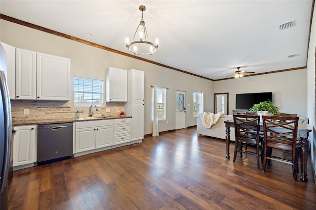 kitchen featuring dark wood finished floors, visible vents, stainless steel dishwasher, white cabinets, and a sink