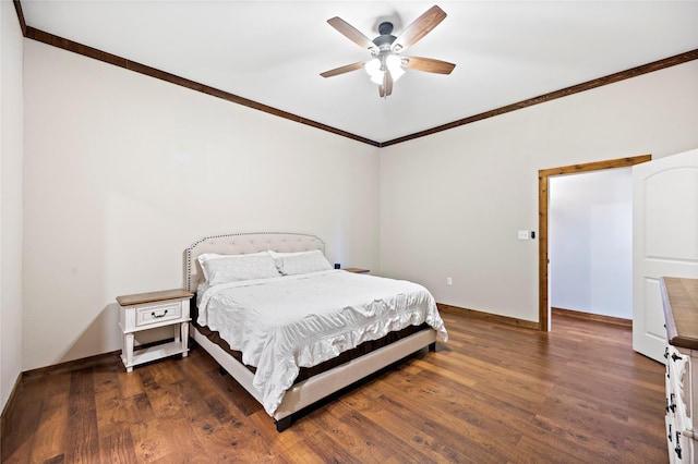 bedroom with ceiling fan, crown molding, dark wood-style flooring, and baseboards