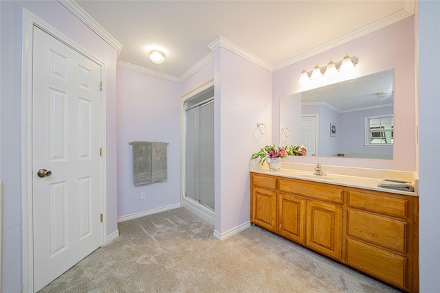 full bathroom featuring carpet, crown molding, a stall shower, vanity, and baseboards