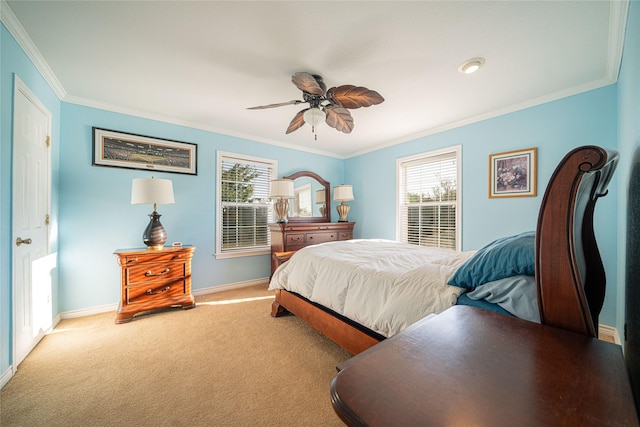 bedroom featuring carpet floors, baseboards, multiple windows, and ornamental molding