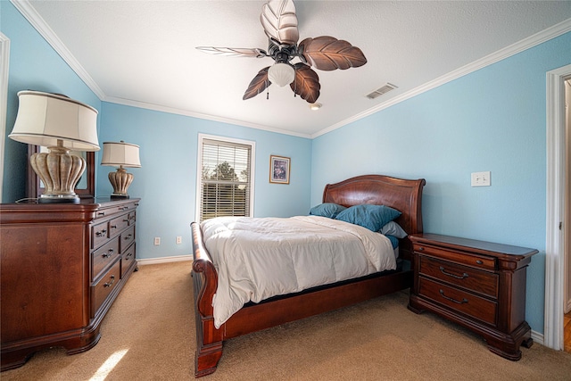 bedroom with light carpet, baseboards, visible vents, and ornamental molding