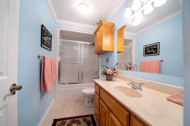 full bathroom with crown molding, bath / shower combo with glass door, toilet, vanity, and tile patterned floors