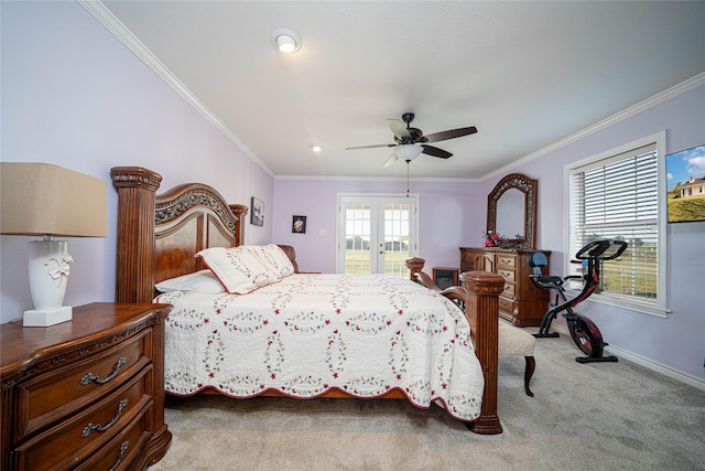 carpeted bedroom with ceiling fan, access to exterior, baseboards, ornamental molding, and french doors