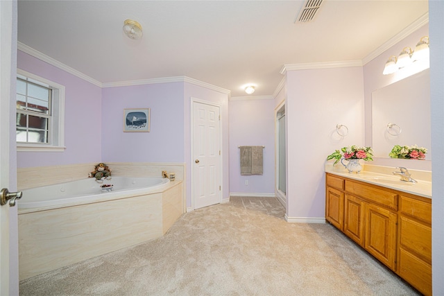 full bathroom featuring visible vents, crown molding, vanity, and a garden tub