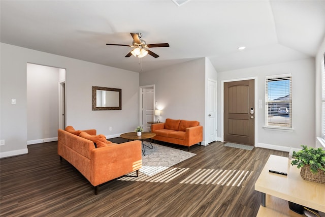 living area with ceiling fan, recessed lighting, dark wood finished floors, and baseboards