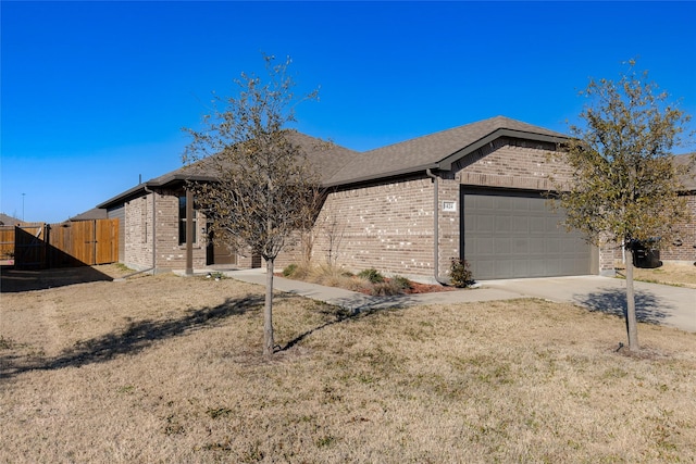 ranch-style house with an attached garage, brick siding, a shingled roof, fence, and driveway