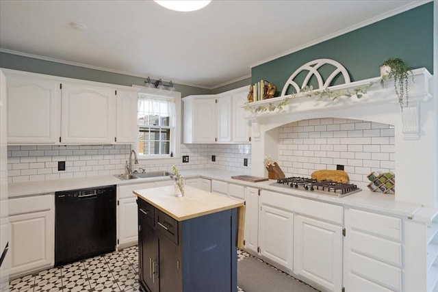 kitchen with light countertops, ornamental molding, white cabinetry, a sink, and dishwasher