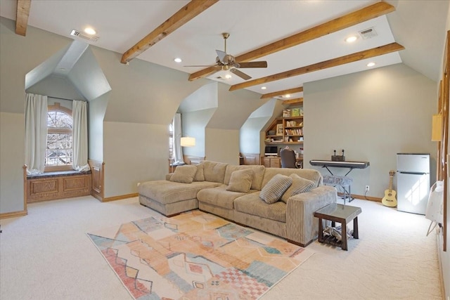 living room featuring light colored carpet, visible vents, lofted ceiling with beams, and baseboards