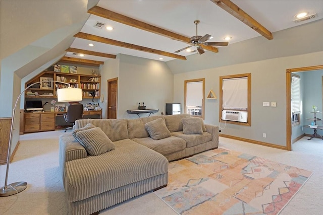 living area featuring lofted ceiling with beams, visible vents, light colored carpet, and built in study area