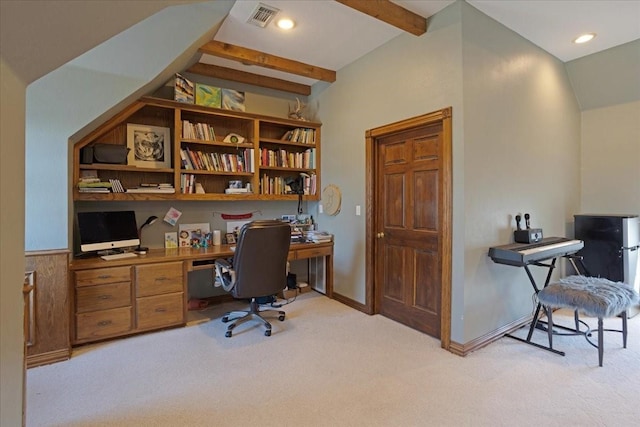 office featuring visible vents, built in study area, lofted ceiling with beams, light colored carpet, and recessed lighting