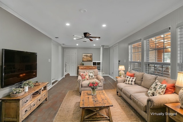 living area with a ceiling fan, baseboards, crown molding, and recessed lighting