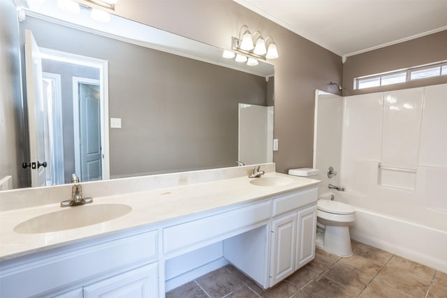 full bathroom with crown molding, a sink, toilet, and double vanity