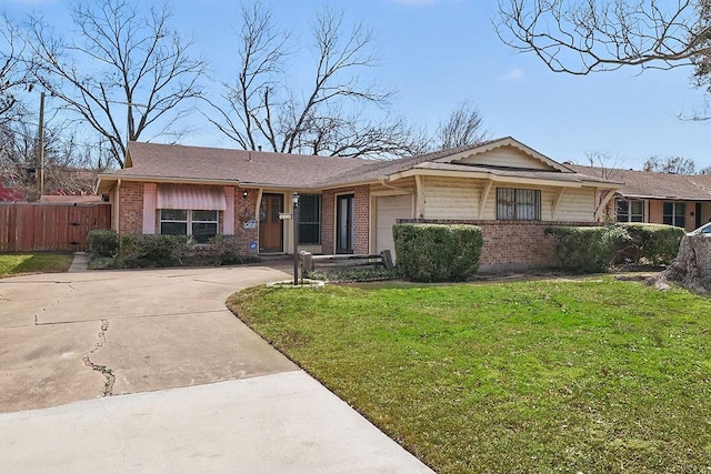 ranch-style home featuring driveway, a garage, brick siding, fence, and a front yard