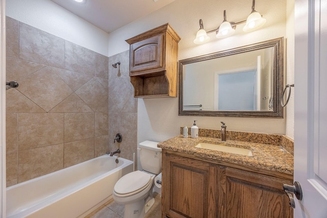 full bath with tile patterned flooring, tub / shower combination, vanity, and toilet