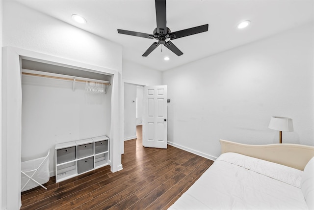 bedroom with baseboards, wood finished floors, a ceiling fan, and recessed lighting