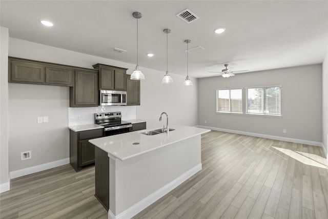 kitchen with stainless steel appliances, light wood finished floors, a sink, and visible vents