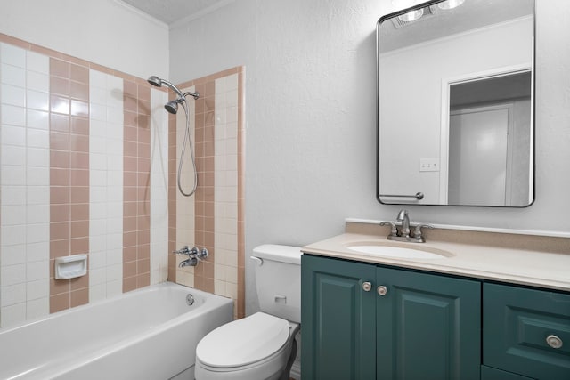 full bathroom featuring toilet, washtub / shower combination, vanity, and crown molding