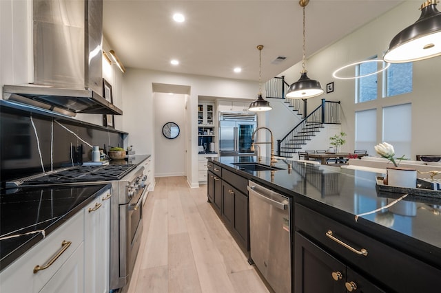 kitchen with light wood-type flooring, high quality appliances, island exhaust hood, a sink, and recessed lighting